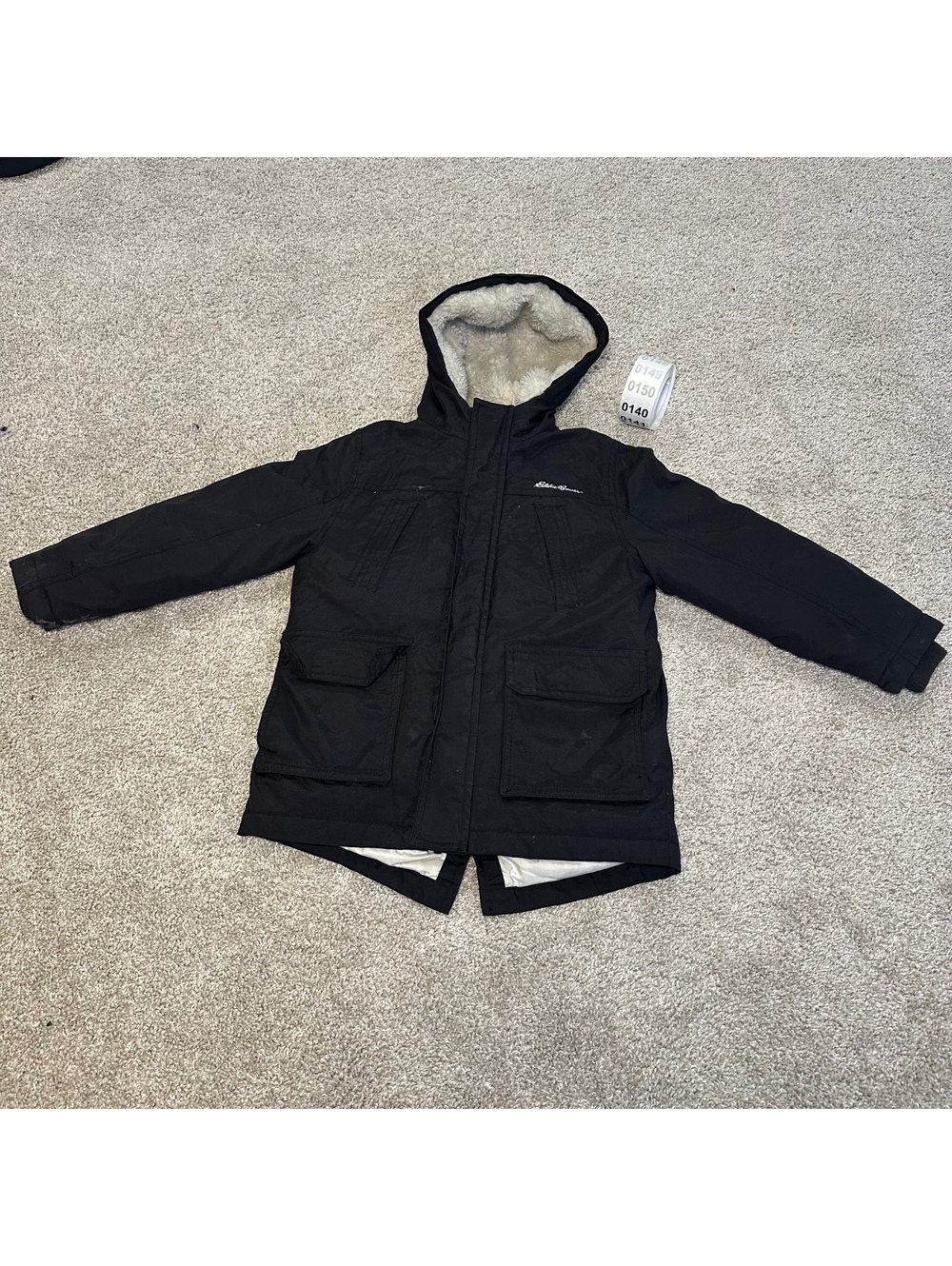 Eddie Bauer black kids coat sherpa lined hood XS
